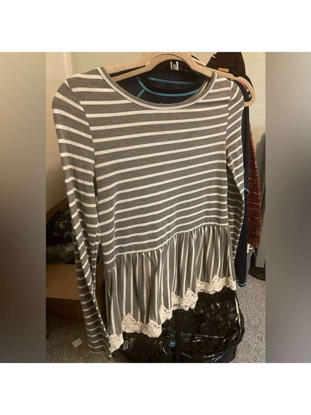 Wildflowers Gray Striped Long Sleeve Top with Lace